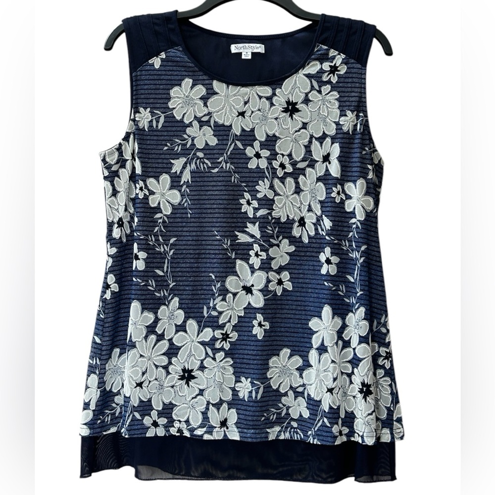 NorthStyle Floral Print Mesh Trim Tank Top Tiered Hem Size M